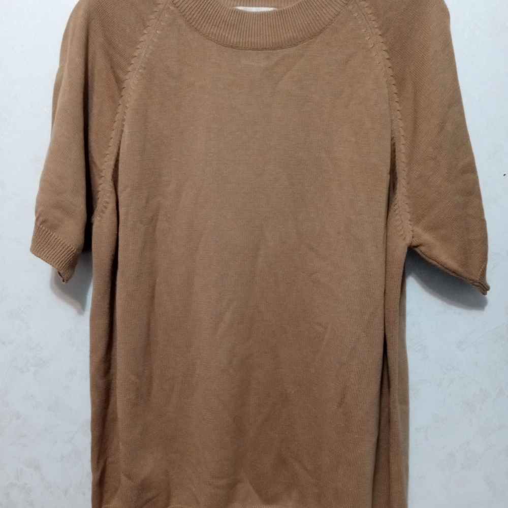 Graff Women's Tan Short Sleeve Knit Sweater Large Crew Neck Casual Pullover